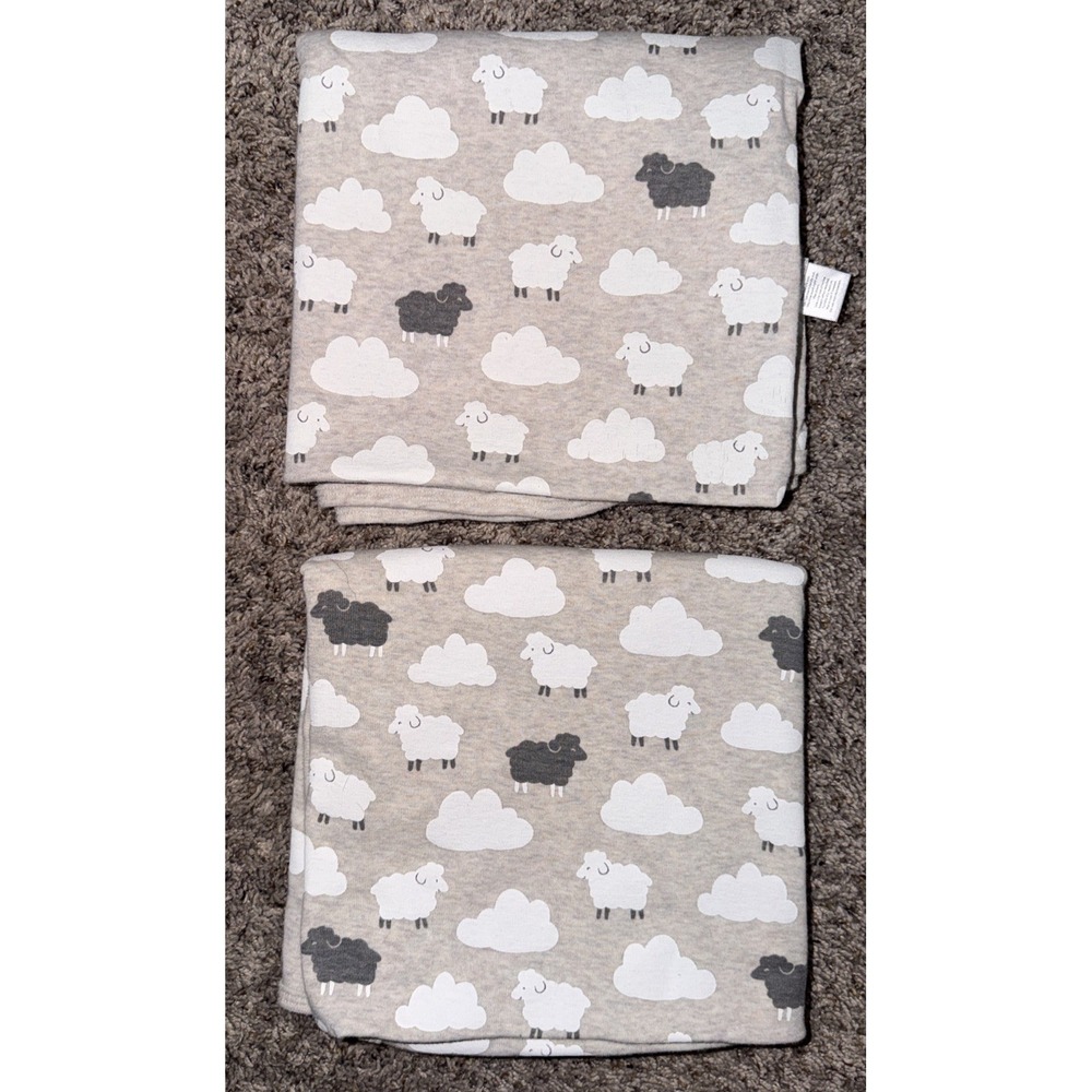 Carter's Sheep Lamb Cloud Baby Blanket Gray White Jersey Stretch Knit